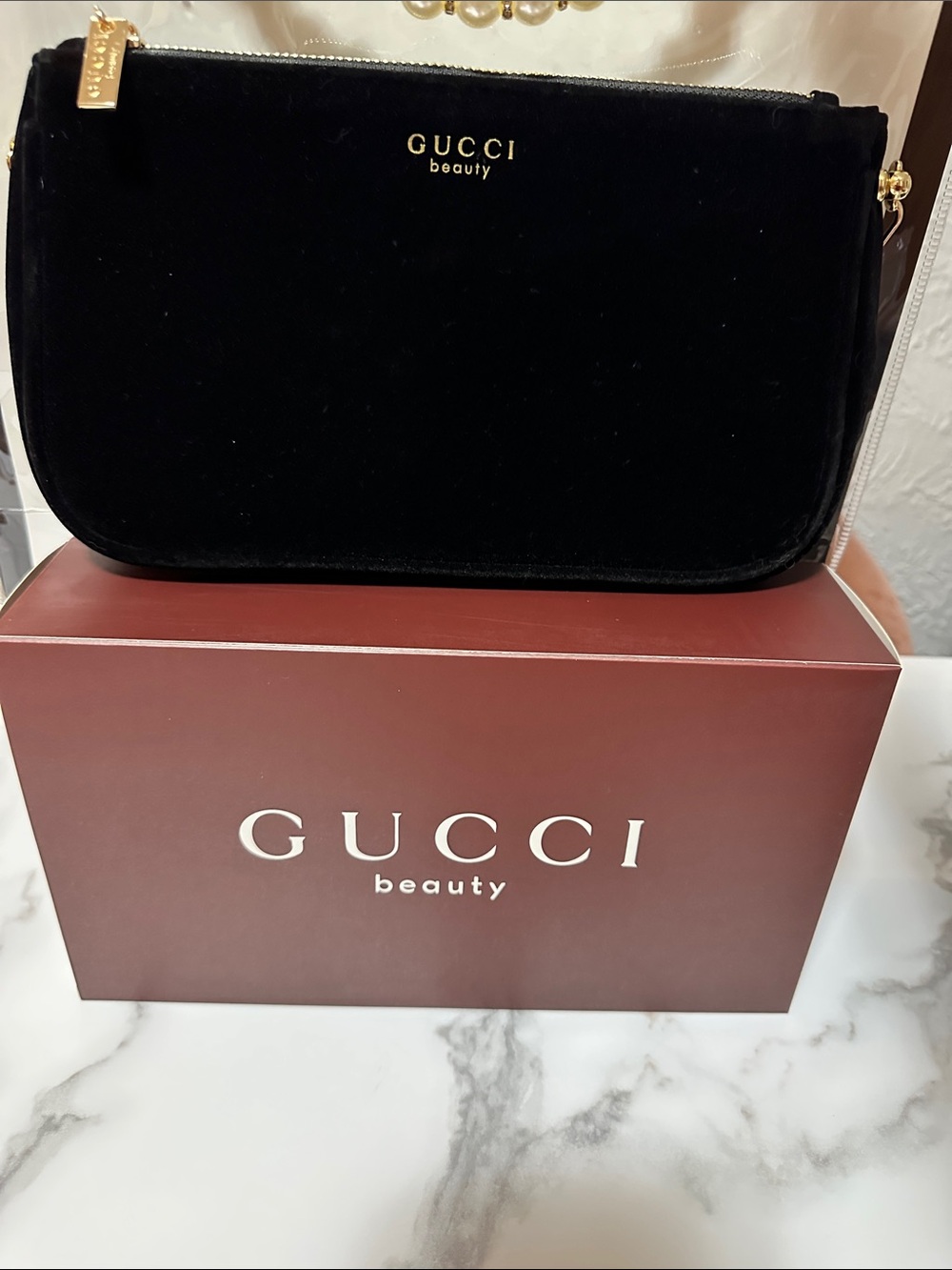Gucci Black Velvet Cosmetic Pouch with Gold Accents, added Golden chain 🤩🖤 - Picture 2 of 12